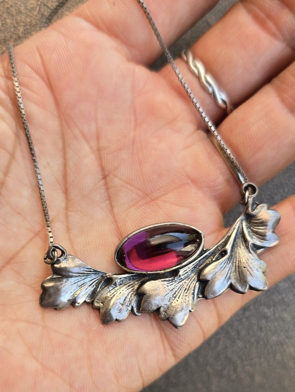 Art Nouveau Arts & Crafts style solid 925 sterling silver marquise amethyst